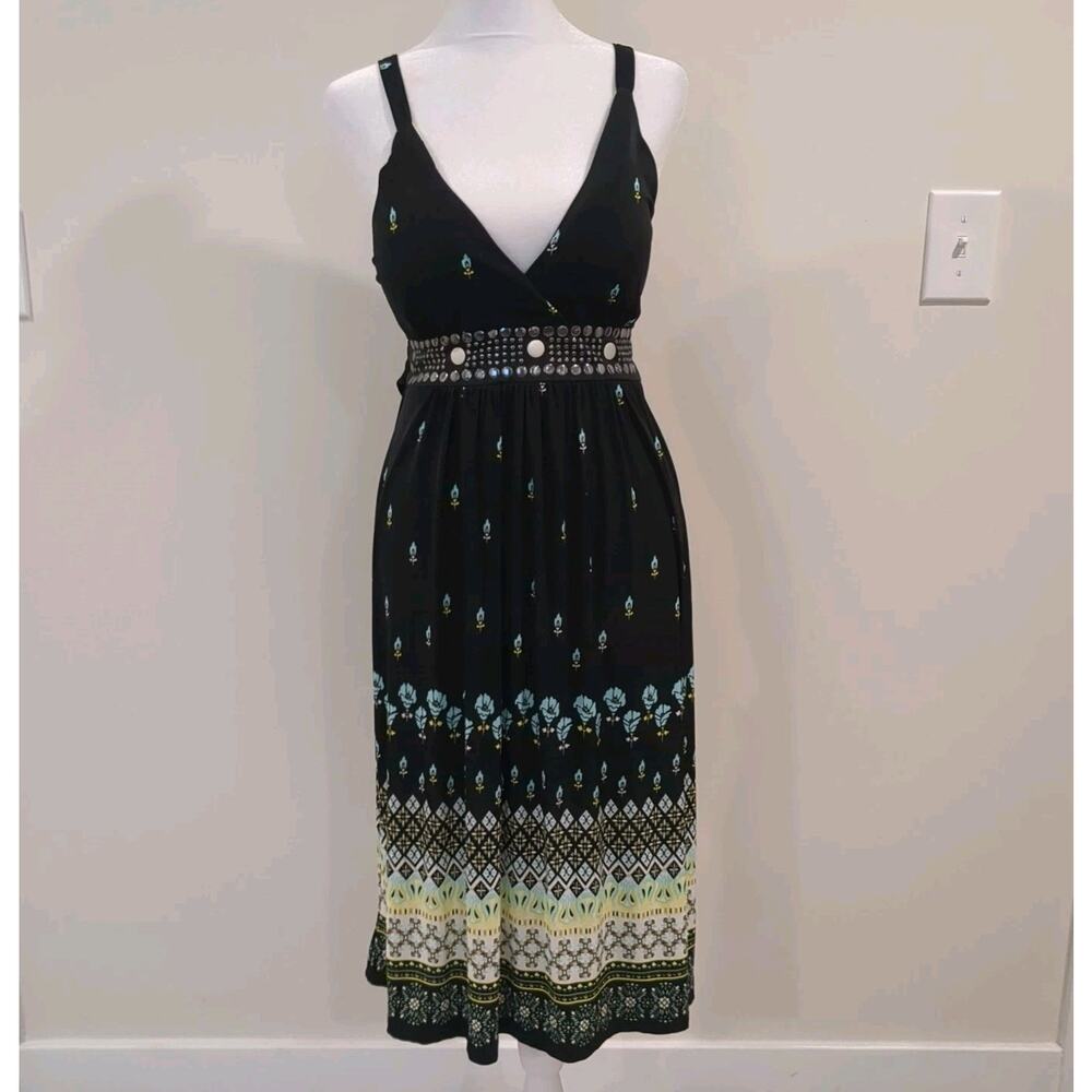 Vintage Y2K Floral Halter Neck Babydoll Dress M Black Blue Retro Embellished